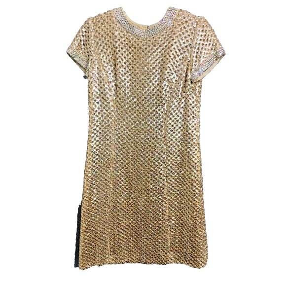 Vintage Mod Gold Knit Sequin Lined Rhinestone Collar Shift Dress Pat Sandler - Picture 1 of 9